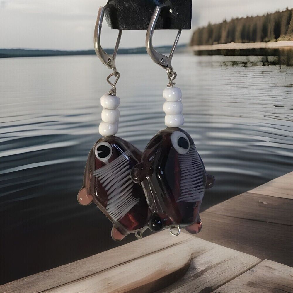 Glass Fish Earrings Artisan Glass Purple Pierced Hook Fishing Handmade